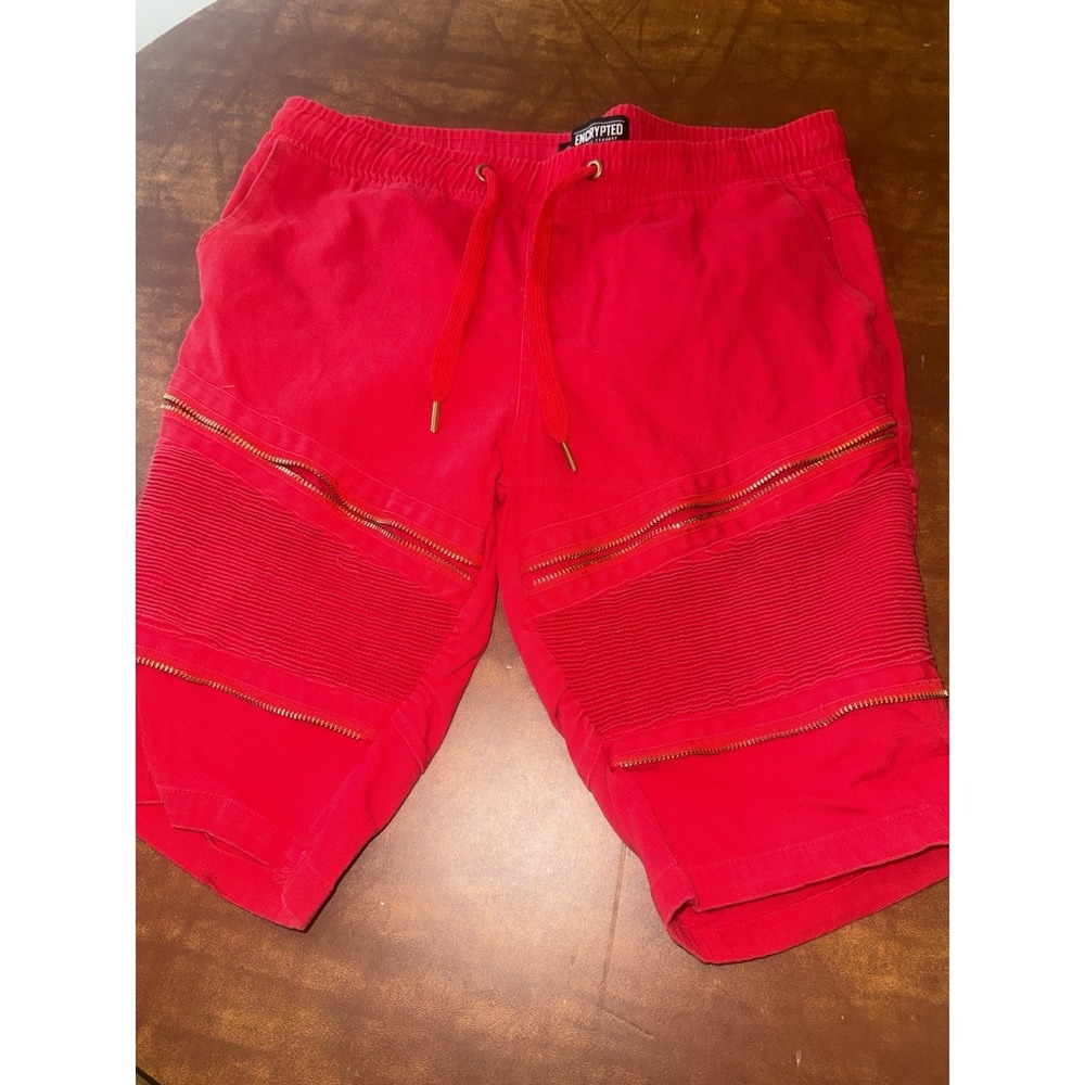 Encrypted Men's Red Moto Biker Shorts Ribbed Zipper Drawstring XL‎
